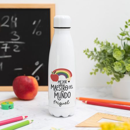 Botella con mensaje 'Mejor maestro del mundo', nombre del profesor, curso y nombres de los niños en el reverso
