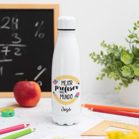 Botella personalizada con mensaje 'Mejor profesor del mundo', nombre del profesor, curso y nombres de los niños en el reverso