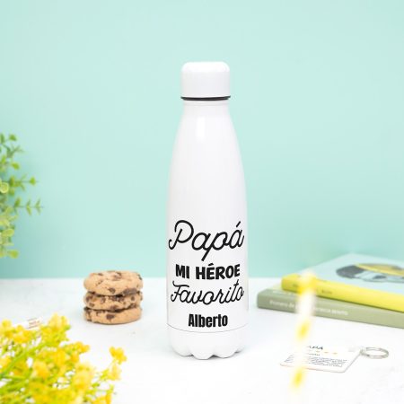 Botella térmica personalizada para papá con la frase “Papá, mi héroe favorito” y su nombre.