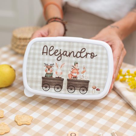 Fiambrera blanca personalizada con diseño de Bosqu y nombre del niño