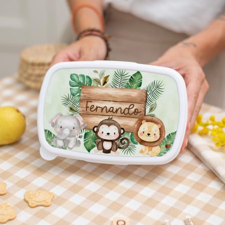 Fiambrera blanca personalizada con diseño de Selva y nombre del niño