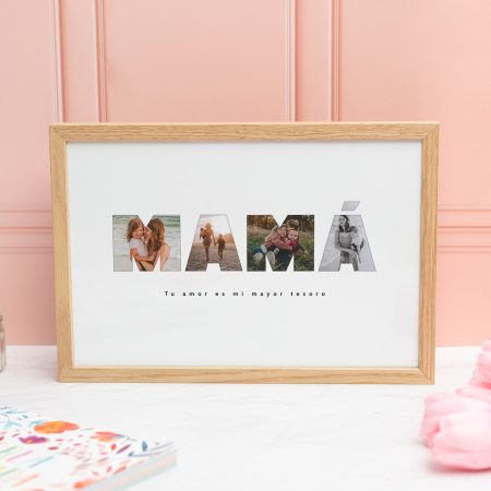 Lámina palabra Mamá con fotos tamaño 20x30 cm con marco en color natural