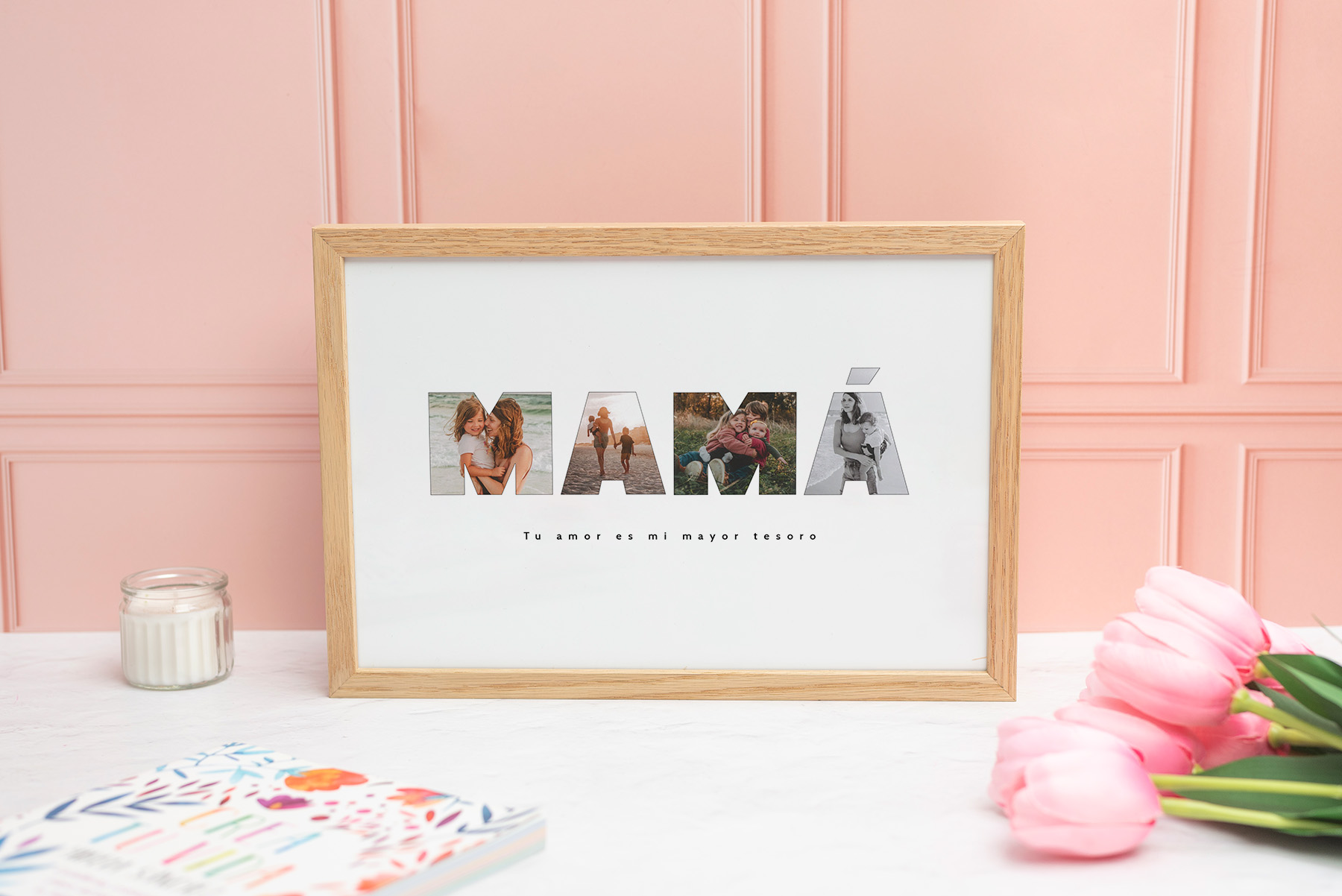 Lámina palabra mamá con fotos Lámina palabra Mamá con fotos tamaño 20x30 cm con marco en color natural
