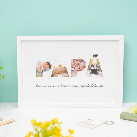 Lámina personalizada con la palabra PAPÁ, cada letra formada por fotos. Con marco de madera blanca.