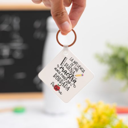 Llavero cuadrado personalizado con mensaje 'La influencia de un buen maestro nunca podrá ser borrada', nombre de la profesora, curso y nombres de los niños en el reverso