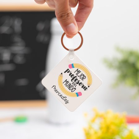 Llavero cuadrado personalizado con mensaje 'Mejor profesora del mundo', nombre de la profesora, curso y nombres de los niños en el reverso