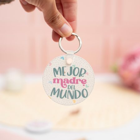 Llavero redondo de plástico con la frase 'Mejor madre del mundo' y una foto en el reverso