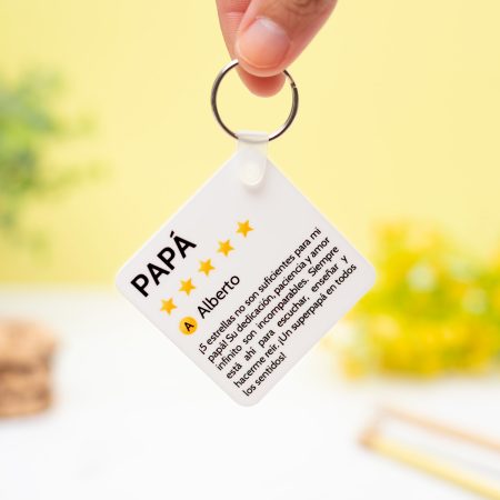 Llavero personalizado cuadrado de plástico con el diseño de una "Reseña de Papá" en un lado y una foto en el otro.