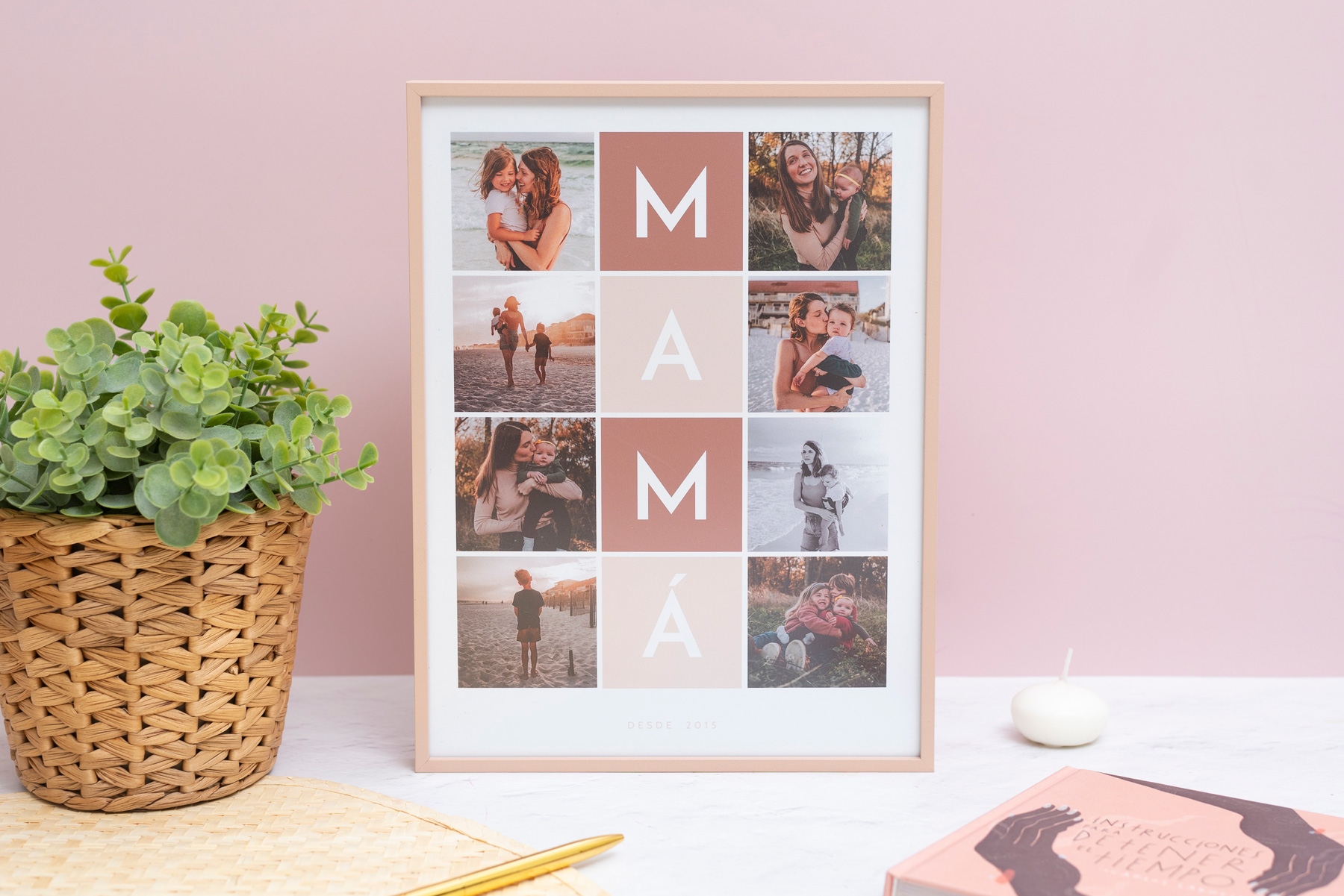 marco-collage-mama Collage personalizado con tus fotos para mamá con marco de aluminio color oro rosa y ocho fotos