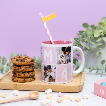 Taza collage personalizada con 4 fotos y el texto 'Mamá