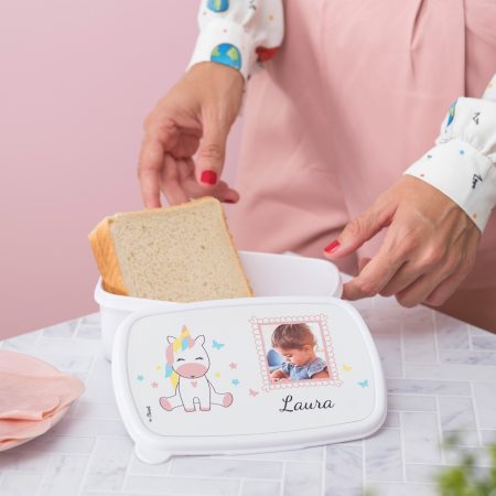 Tupper personalizado con la foto y el nombre del peque. Diseño de unicornio. Disponibles varios diseños